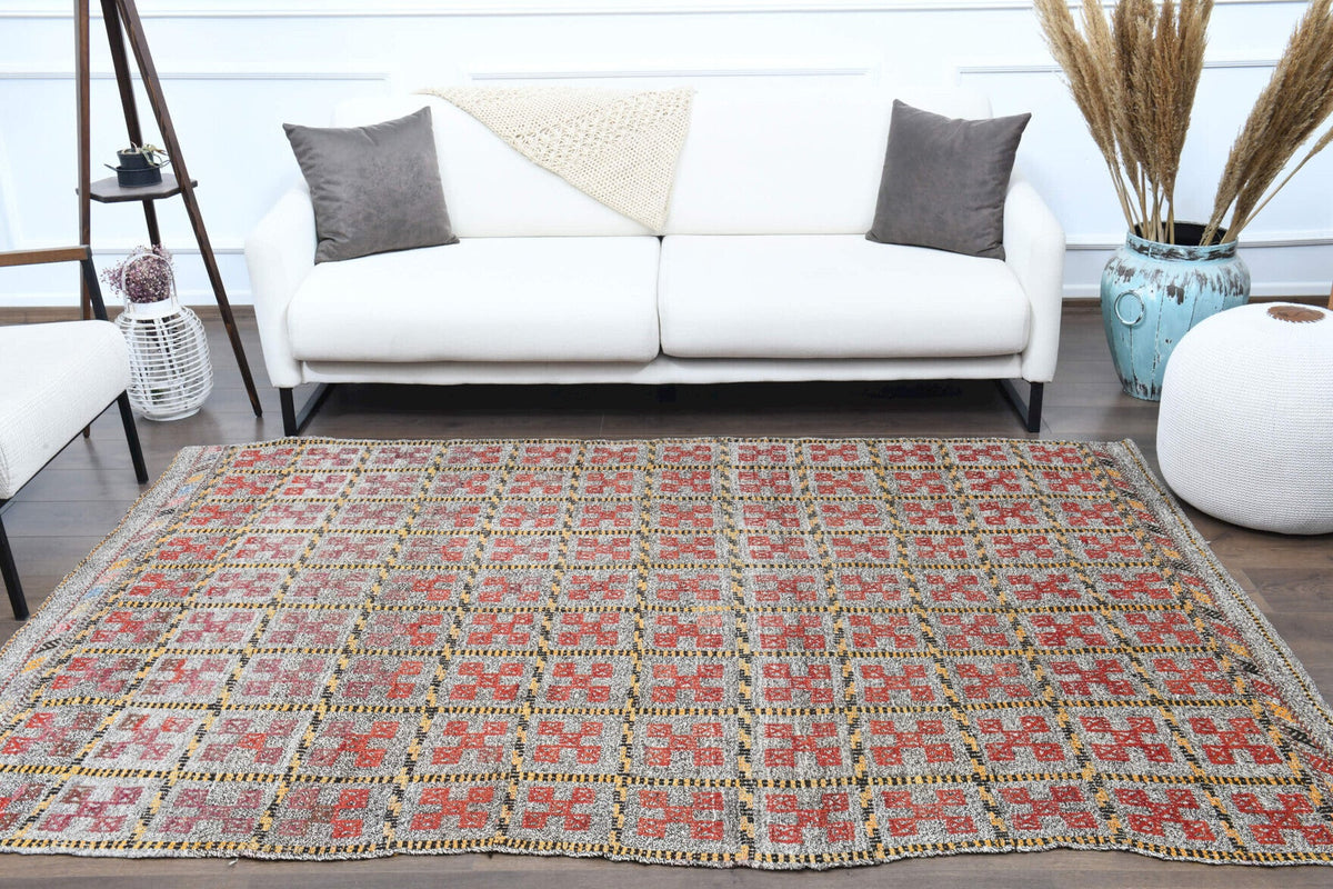 El yapımı vintage halı 168x246 cm i̇kat desenli yün - farklı açıdan görünüm