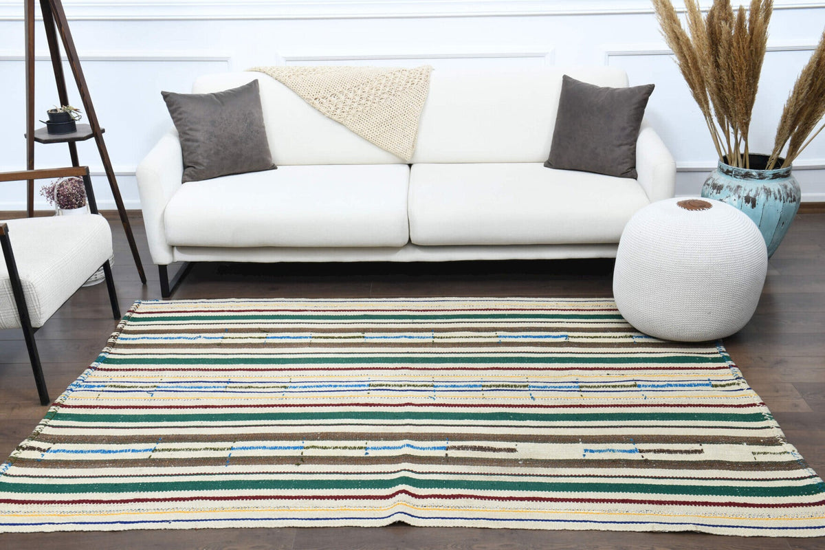 El yapımı vintage halı 150x226 cm çizgili desenli yün - üstten görünüm