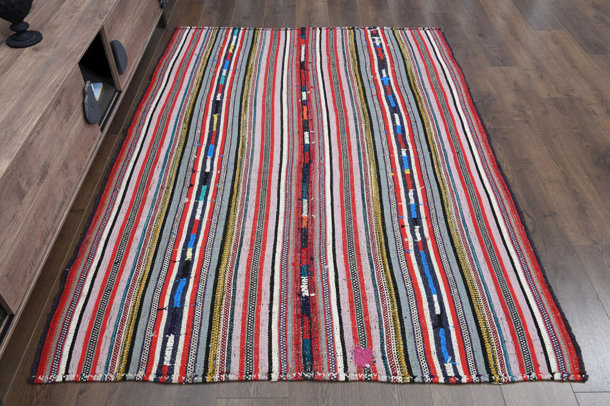 El yapımı vintage halı 157x218 cm çizgili desenli yün - detay görünümü