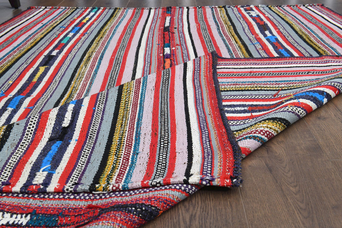 El yapımı vintage halı 157x218 cm çizgili desenli yün - yakın çekim doku detayı