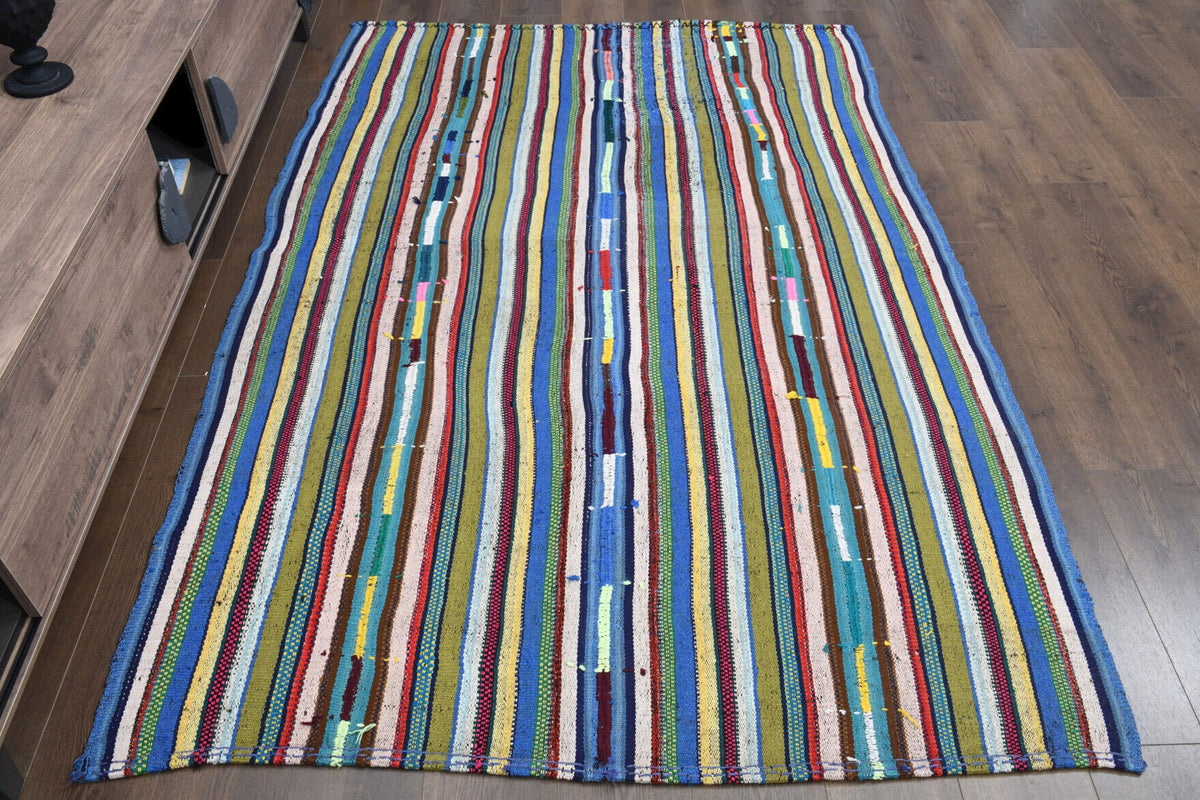 El yapımı vintage halı 157x234 cm çizgili desenli yün - yakın çekim doku detayı
