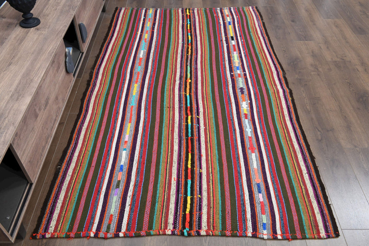 El yapımı vintage halı 150x241 cm çizgili desenli yün - detay görünümü