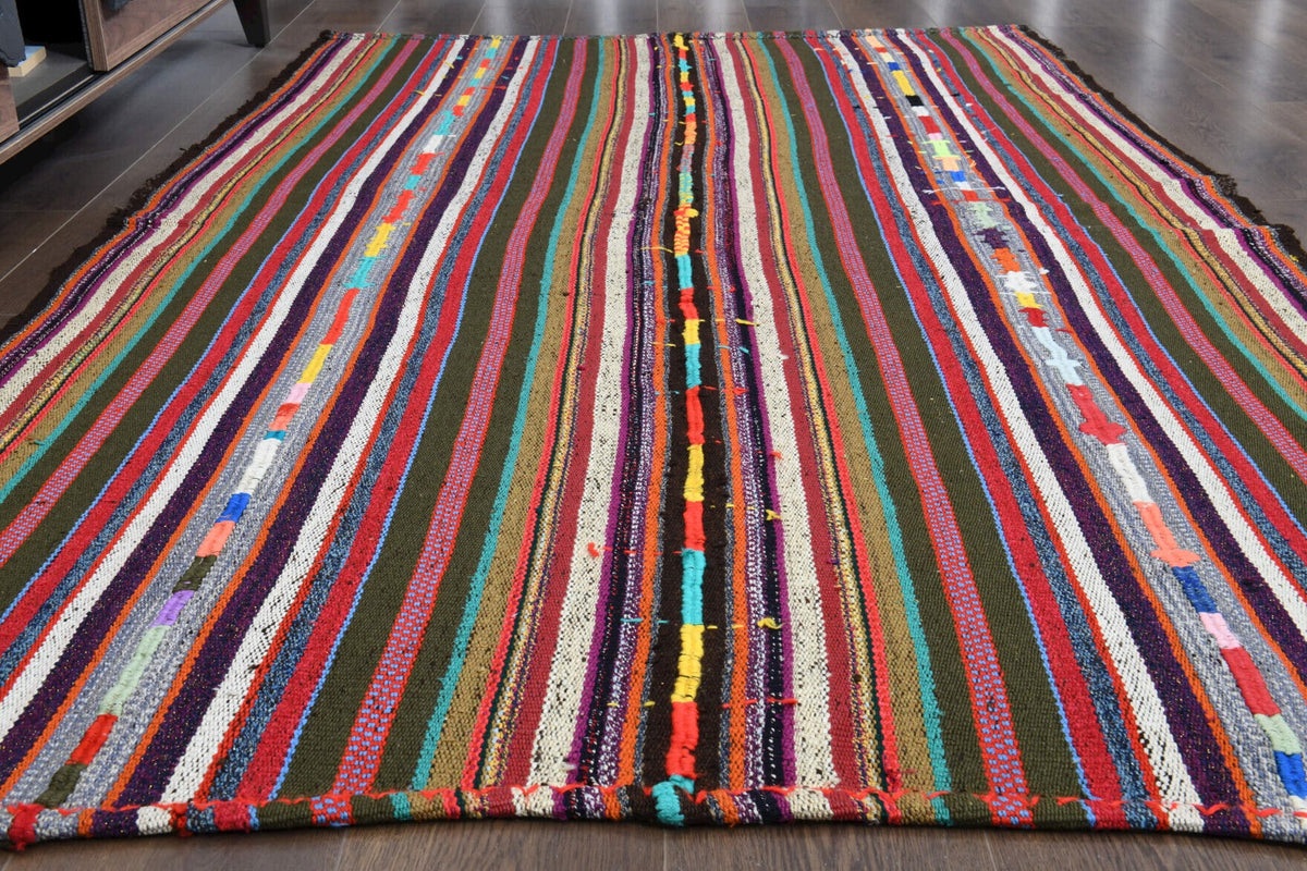 El yapımı vintage halı 150x241 cm çizgili desenli yün - yakın çekim doku detayı