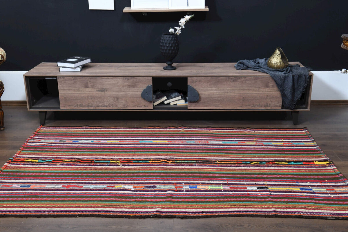 El yapımı vintage halı 150x241 cm çizgili desenli yün - üstten görünüm