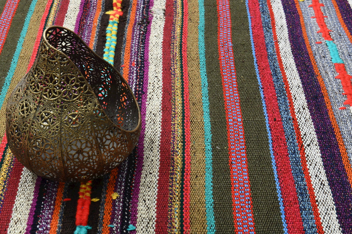 El yapımı vintage halı 150x241 cm çizgili desenli yün - açık alan görünümü