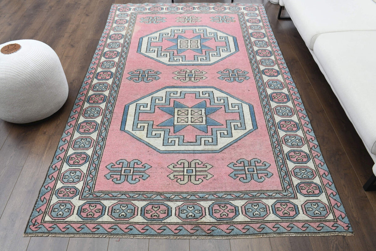 El yapımı vintage halı 165x259 cm geometrik desenli yün - detay görünümü
