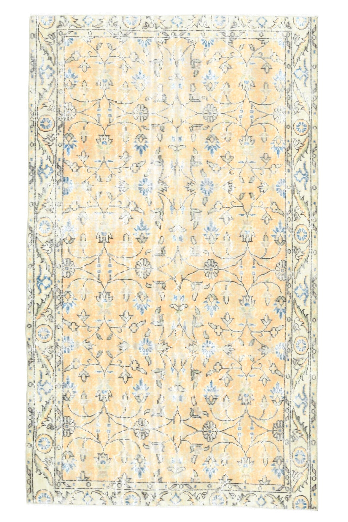 El yapımı vintage halı 109x193 cm çiçek desenli desenli yün - ışık altında renk detayı
