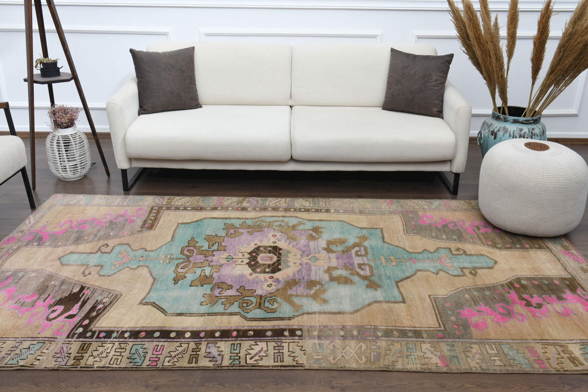 El yapımı vintage halı 122x274 cm oryantal desenli yün - üstten görünüm