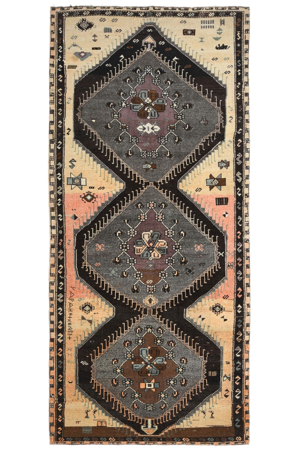 El yapımı vintage halı 178x391 cm oryantal desenli yün - detay görünümü