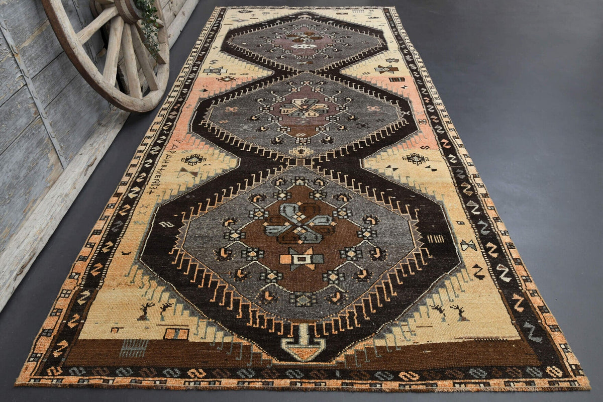 El yapımı vintage halı 178x391 cm oryantal desenli yün - detay görünümü
