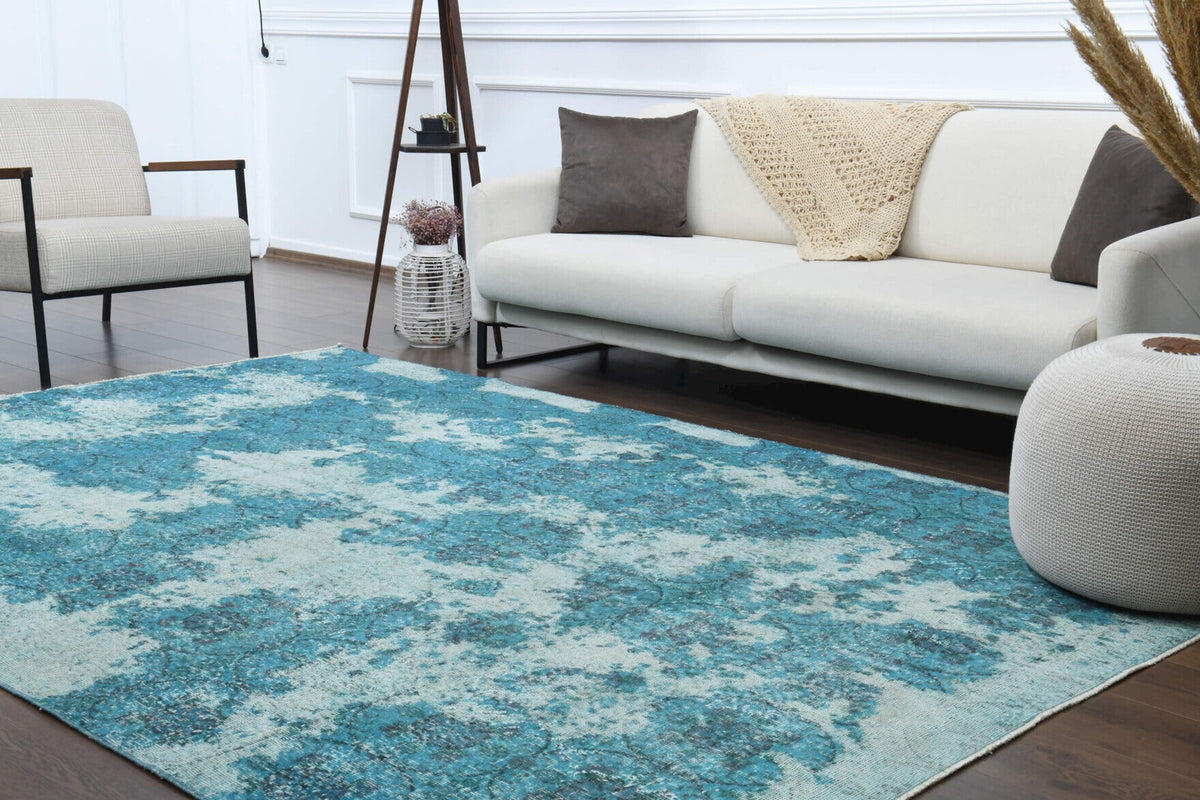 Distressed Blue Oushak Vintage Area Rug