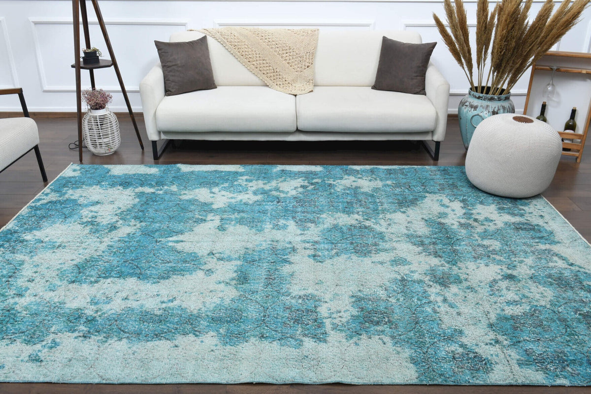 Distressed Blue Oushak Vintage Area Rug