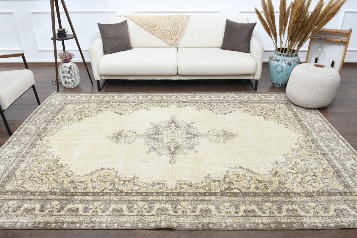 El yapımı vintage halı 208x307 cm oryantal desenli yün - yakın çekim doku detayı