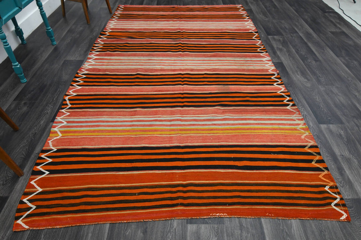 El yapımı vintage halı 188x325 cm çizgili desenli yün - detay görünümü