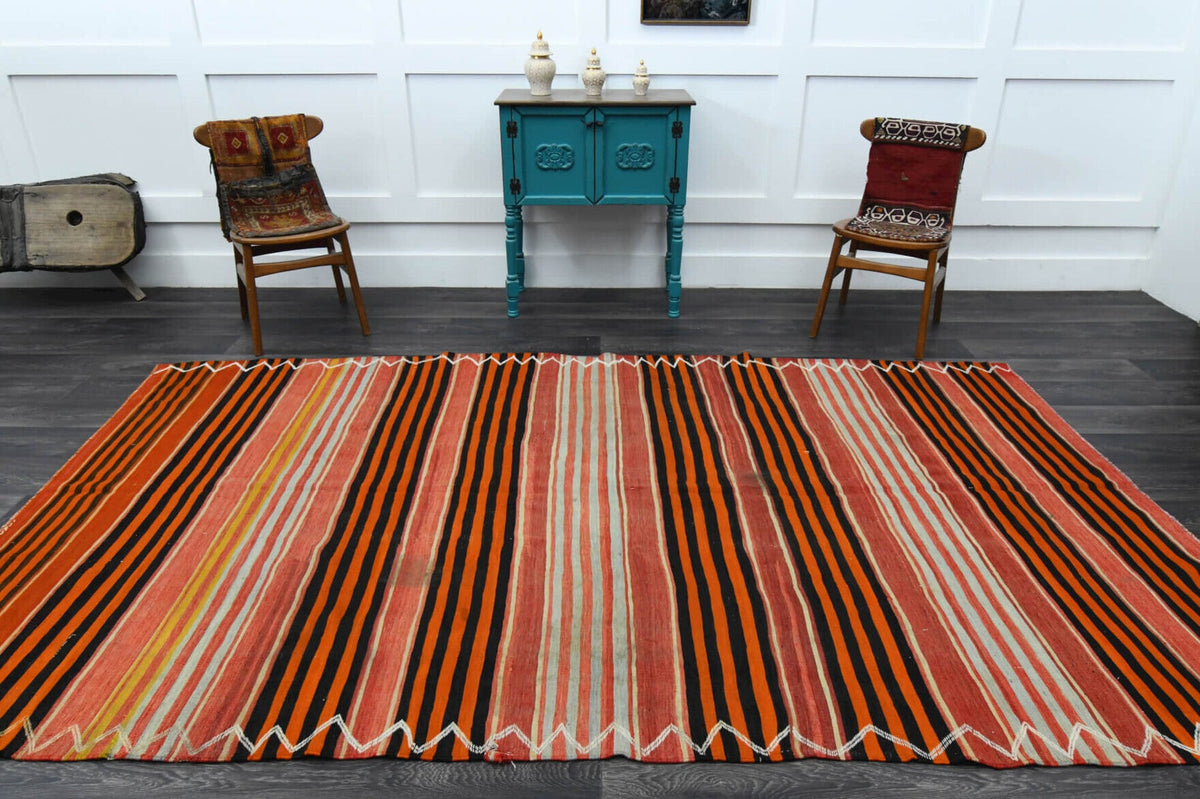 El yapımı vintage halı 188x325 cm çizgili desenli yün - kenar ve saçak detayı