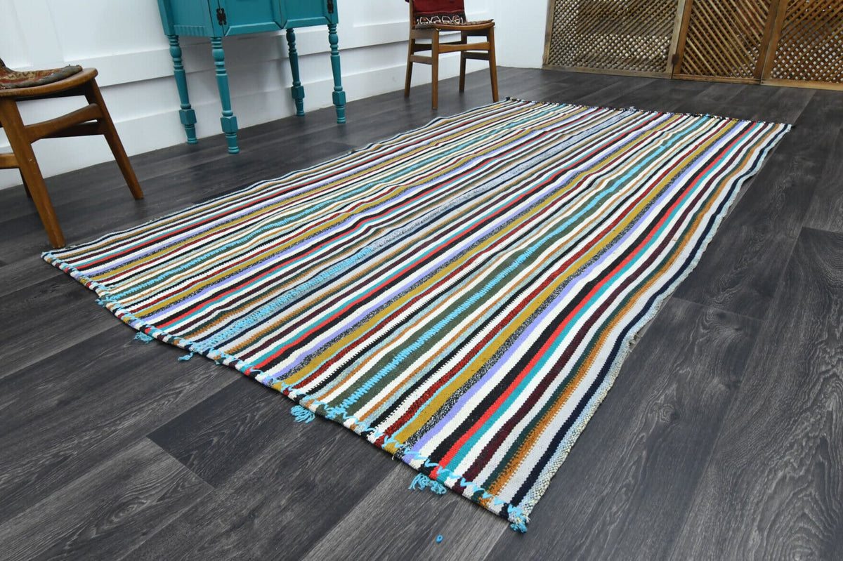 El yapımı vintage halı 155x284 cm çizgili desenli yün - yakın çekim doku detayı