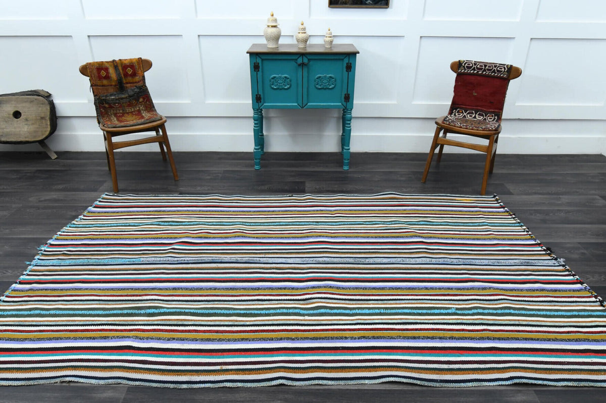 El yapımı vintage halı 155x284 cm çizgili desenli yün - kenar ve saçak detayı