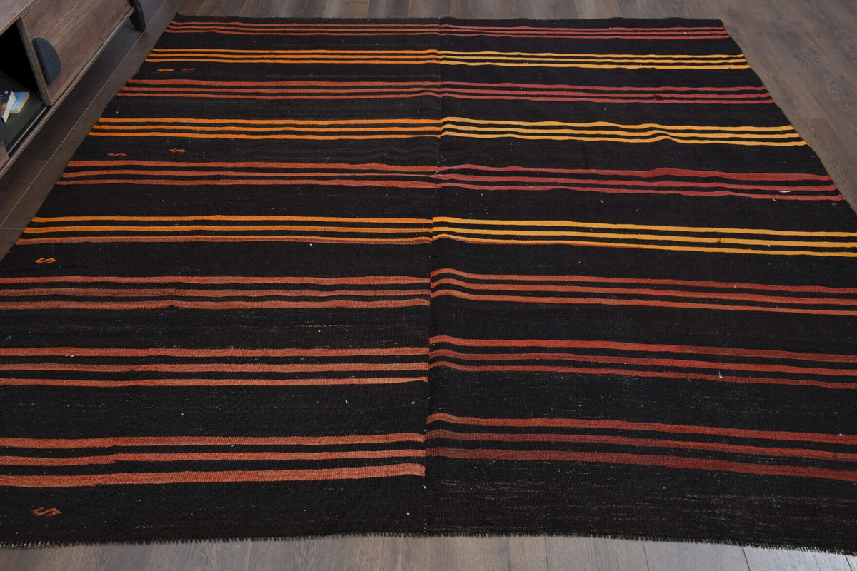 El yapımı vintage halı 244x259 cm çizgili desenli yün - detay görünümü