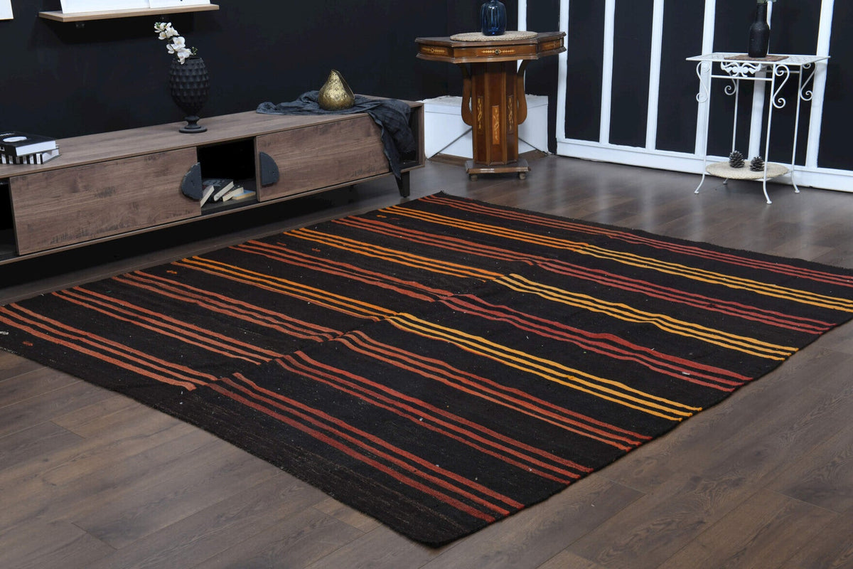 El yapımı vintage halı 244x259 cm çizgili desenli yün - üstten görünüm