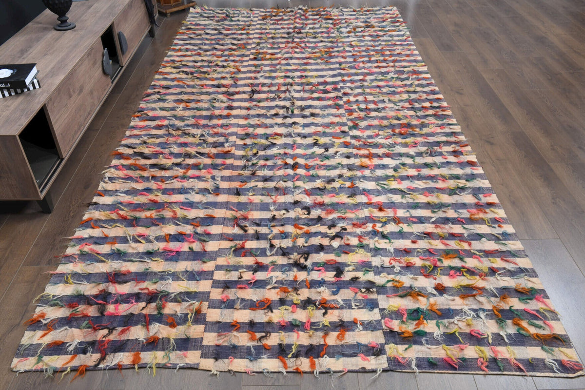 El yapımı vintage halı 196x386 cm çizgili desenli yün - detay görünümü