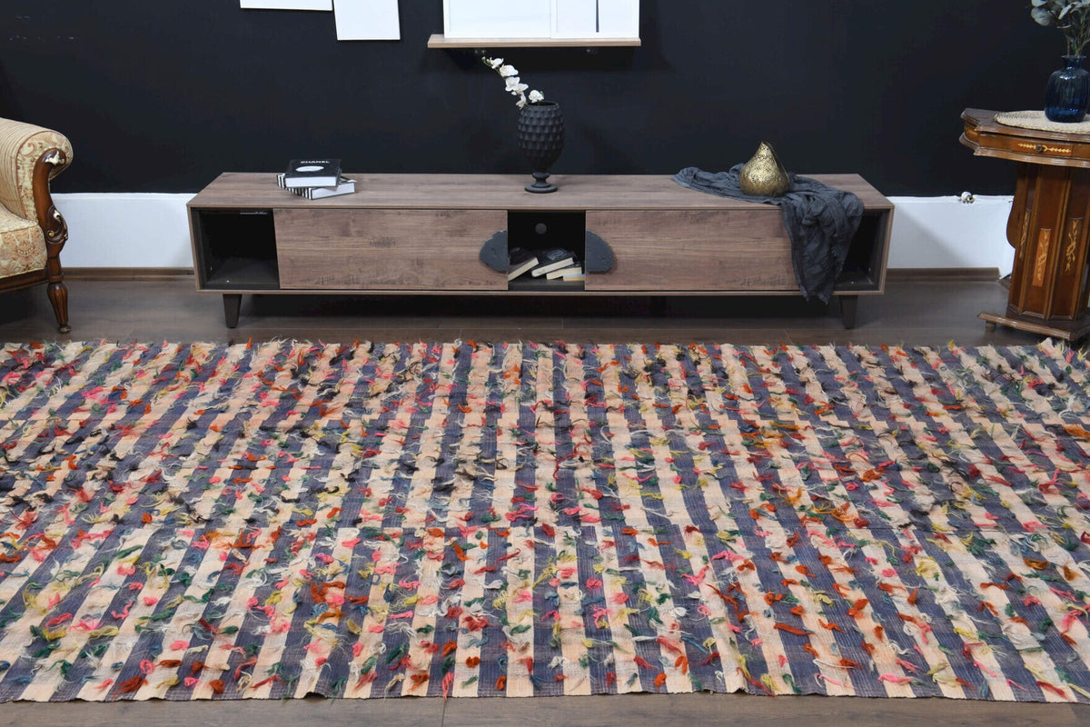 El yapımı vintage halı 196x386 cm çizgili desenli yün - açık alan görünümü