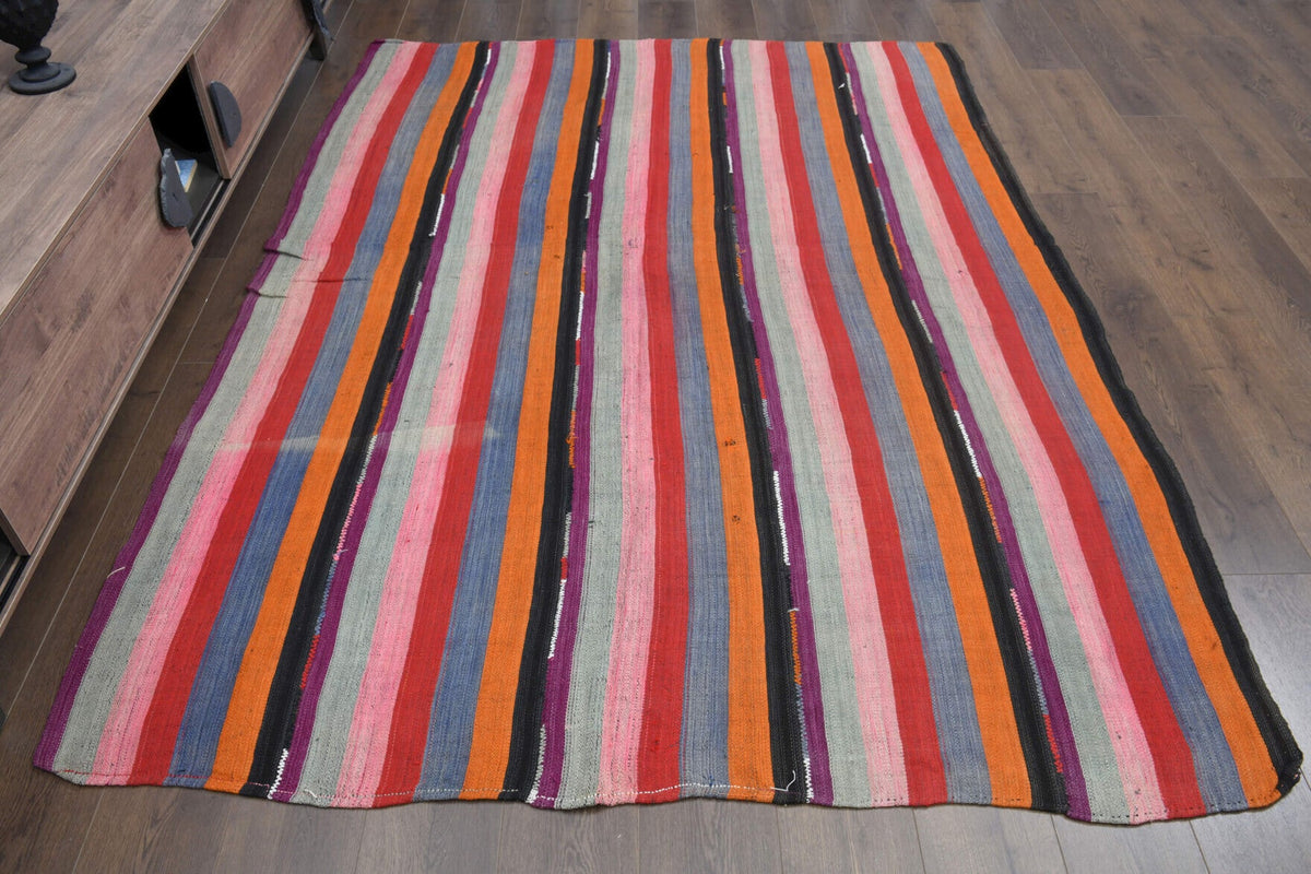 El yapımı vintage halı 185x249 cm çizgili desenli yün - detay görünümü