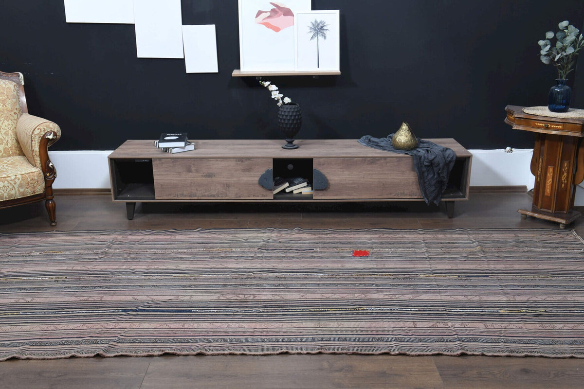 El yapımı vintage yolluk 152x378 cm i̇kat desenli yün - üstten görünüm