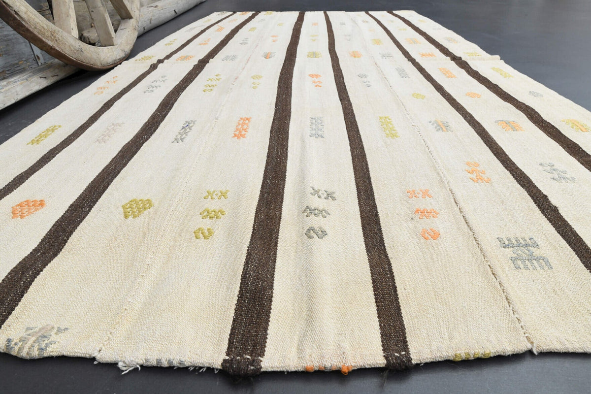El yapımı vintage yolluk 147x274 cm çizgili desenli yün - yakın çekim doku detayı