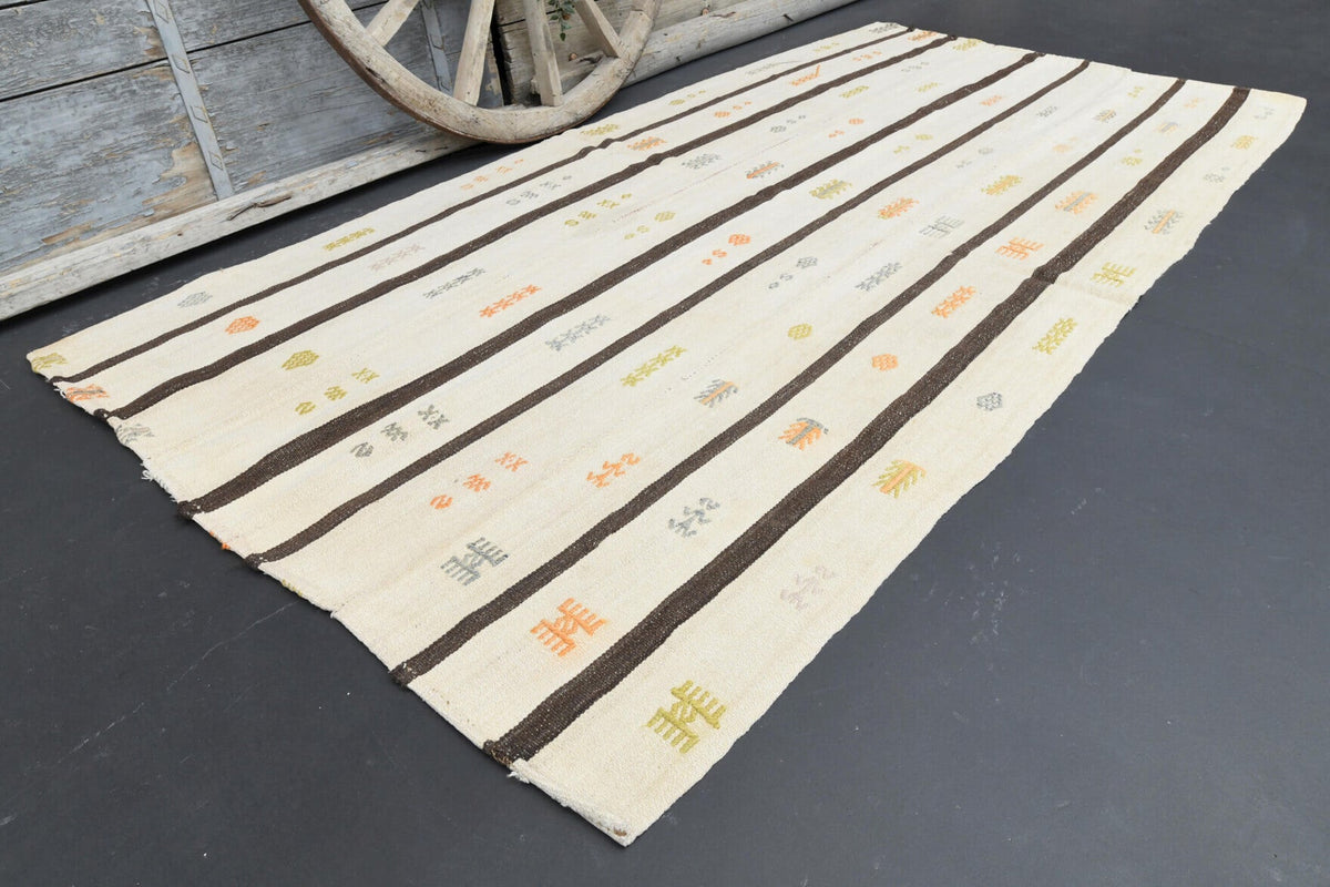 El yapımı vintage yolluk 147x274 cm çizgili desenli yün - kenar ve saçak detayı