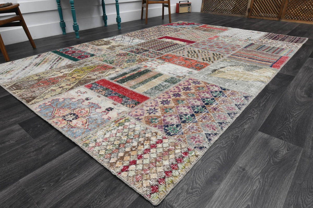 El yapımı vintage halı 198x300 cm oryantal desenli yün - yakın çekim doku detayı