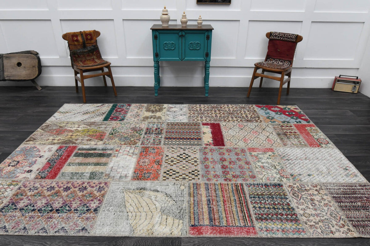 El yapımı vintage halı 198x300 cm oryantal desenli yün - kenar ve saçak detayı