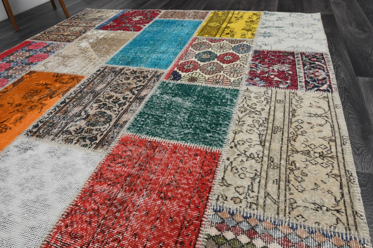 El yapımı vintage halı 201x300 cm düz desenli yün - kenar ve saçak detayı