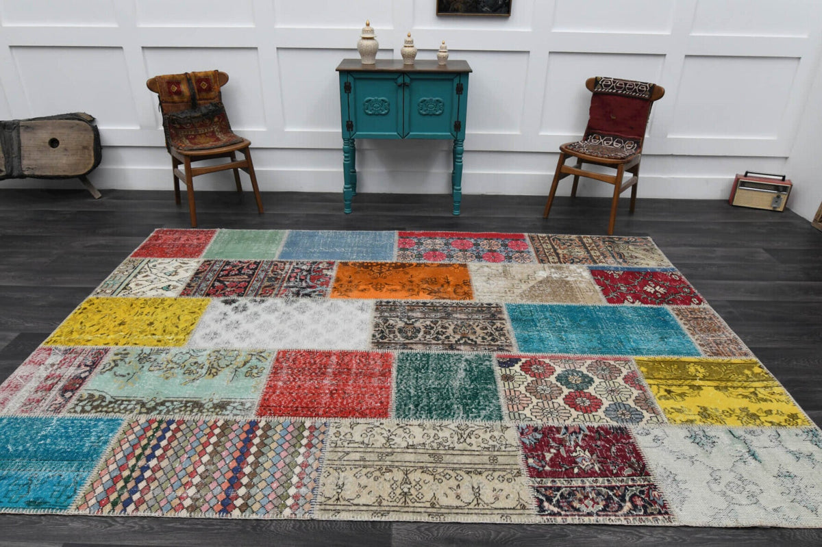 El yapımı vintage halı 201x300 cm düz desenli yün - mekan görünümü