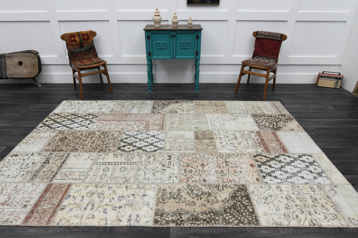 El yapımı vintage halı 201x300 cm oryantal desenli yün - kenar ve saçak detayı