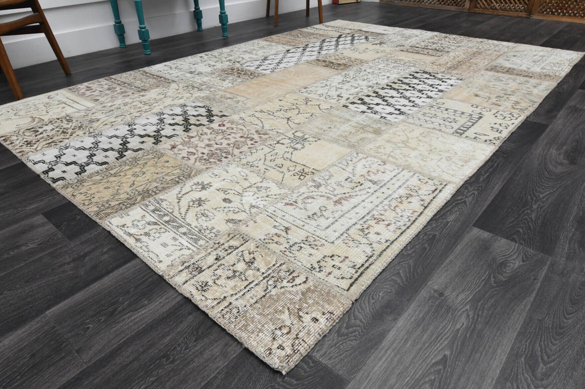 El yapımı vintage halı 201x302 cm oryantal desenli yün - yakın çekim doku detayı