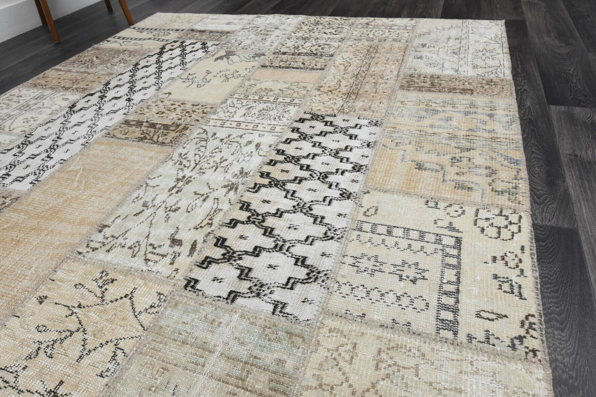 El yapımı vintage halı 201x302 cm oryantal desenli yün - kenar ve saçak detayı