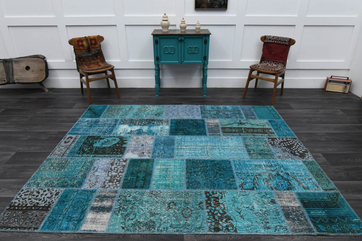 El yapımı vintage halı 201x249 cm düz desenli yün - kenar ve saçak detayı