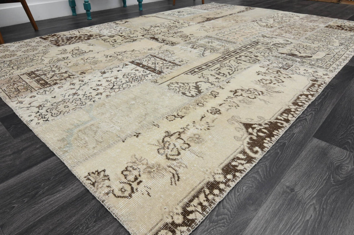 El yapımı vintage halı 203x300 cm oryantal desenli yün - yakın çekim doku detayı