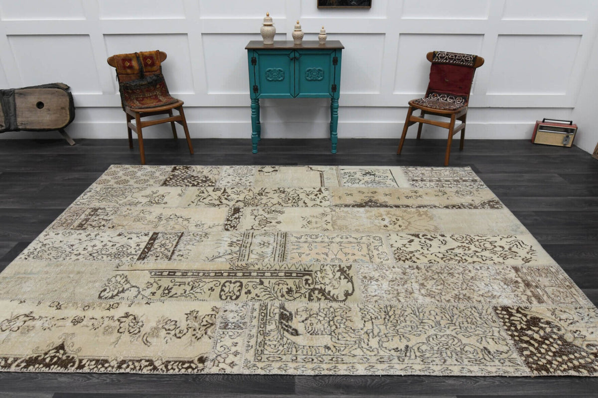 El yapımı vintage halı 203x300 cm oryantal desenli yün - kenar ve saçak detayı