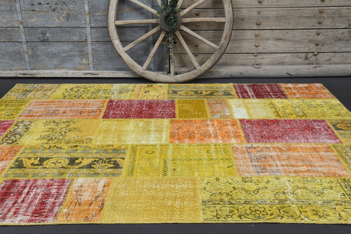 El yapımı vintage halı 203x292 cm düz desenli yün - kenar ve saçak detayı