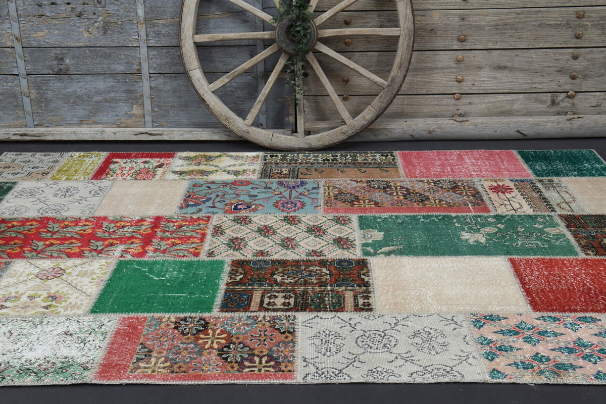 El yapımı vintage halı 201x300 cm patchwork tasarım desenli yün - kenar ve saçak detayı