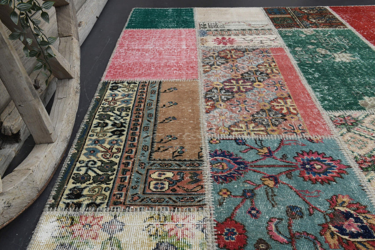 El yapımı vintage halı 201x300 cm patchwork tasarım desenli yün - farklı açıdan görünüm