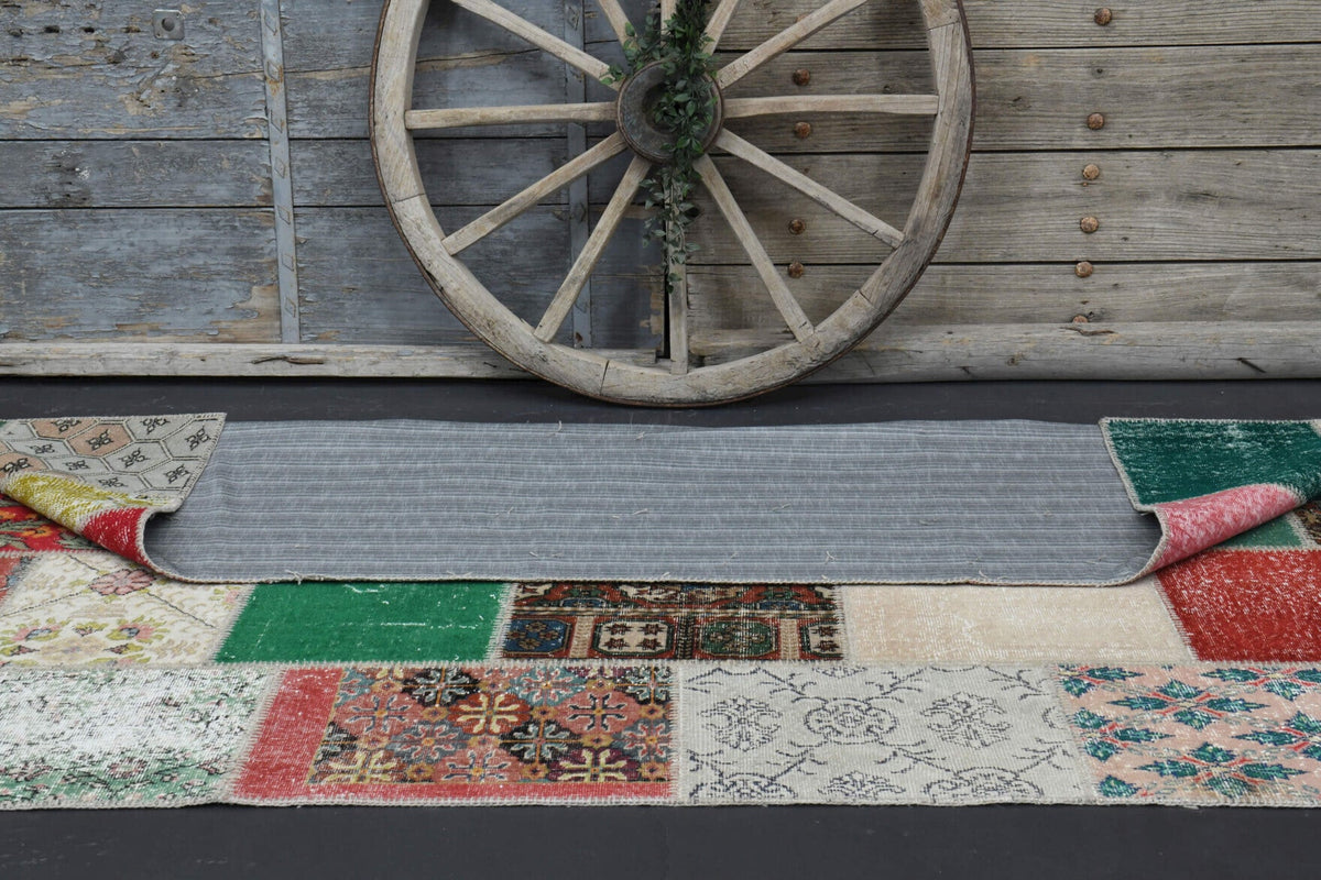 El yapımı vintage halı 201x300 cm patchwork tasarım desenli yün