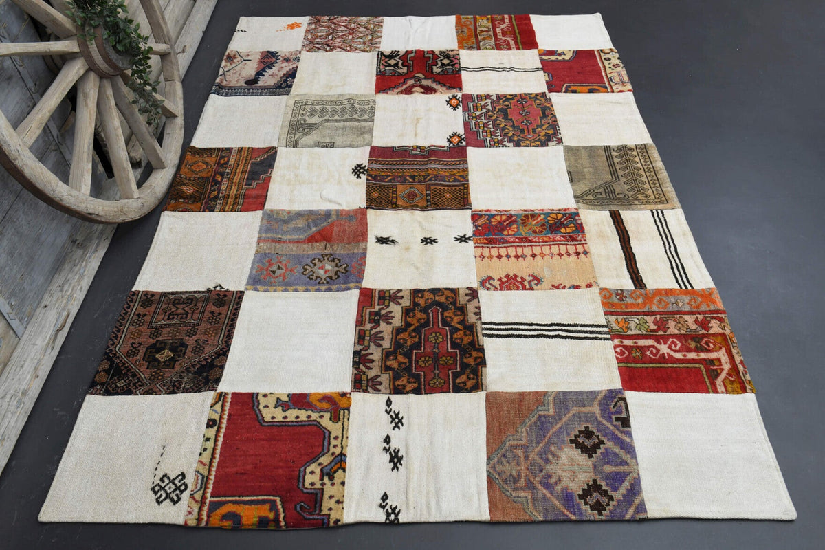 El yapımı vintage halı 196x279 cm i̇kat desenli yün - detay görünümü