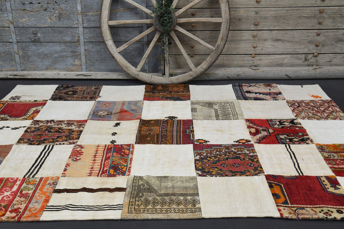 El yapımı vintage halı 196x279 cm i̇kat desenli yün - desen detayı