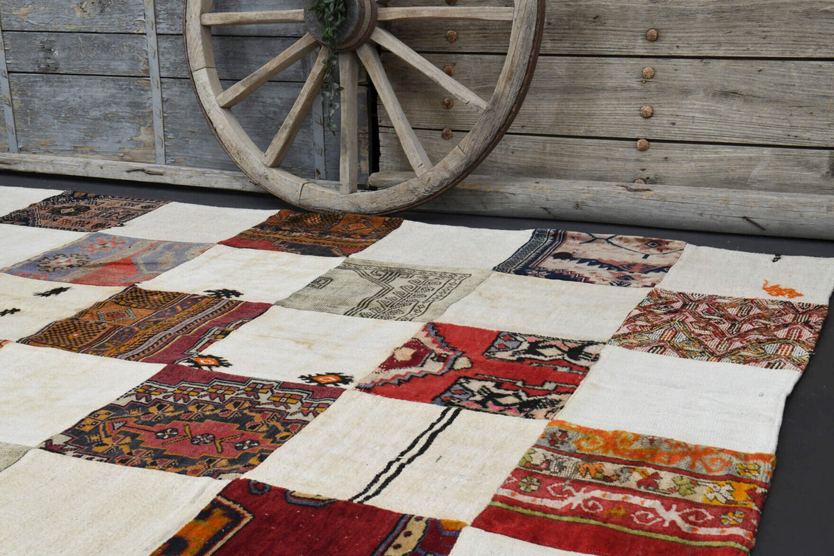 El yapımı vintage halı 196x279 cm i̇kat desenli yün - üstten görünüm