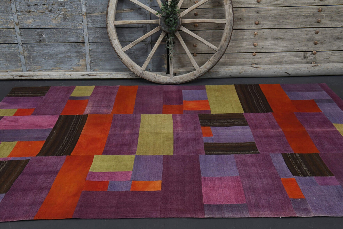 El yapımı vintage halı 193x295 cm blok desenli desenli yün - desen detayı