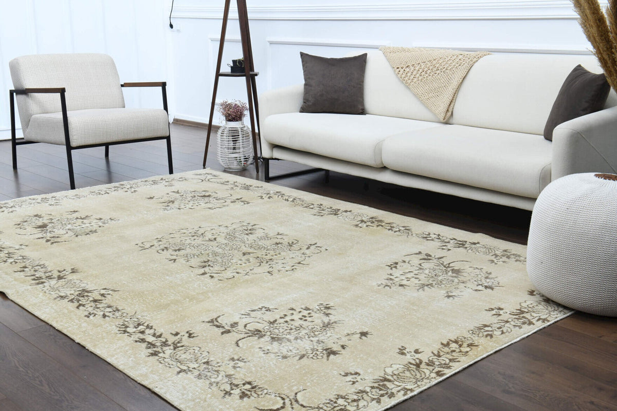 El yapımı vintage halı 196x292 cm çiçek desenli desenli yün - açık alan görünümü