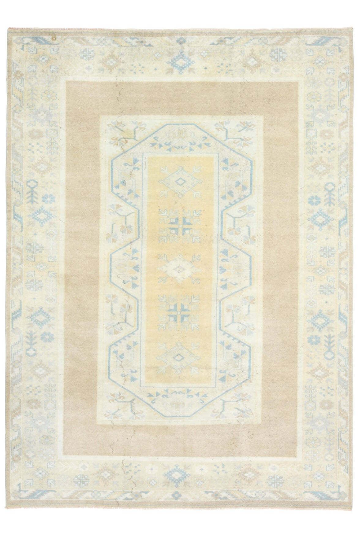 El yapımı vintage halı 198x277 cm i̇kat desenli yün - ışık altında renk detayı