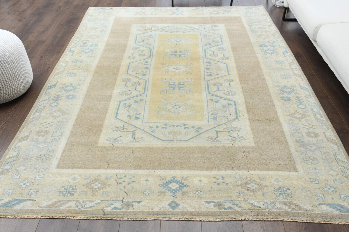 El yapımı vintage halı 198x277 cm i̇kat desenli yün - detay görünümü
